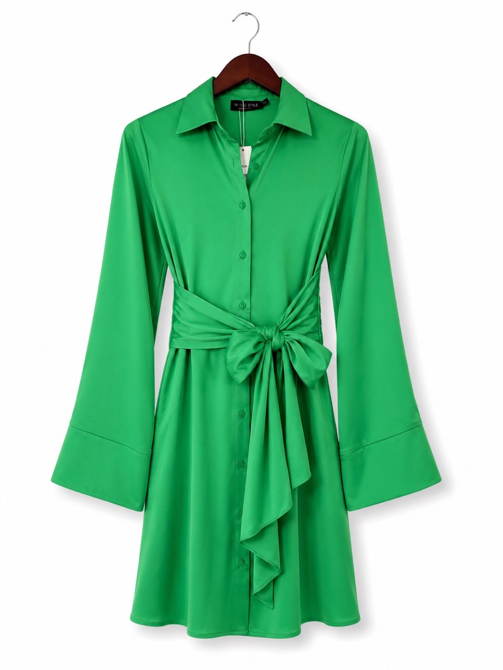 NWT In The Style Kelly Green Satin Shirt Dress Tie Waist Mini Dress Size 2